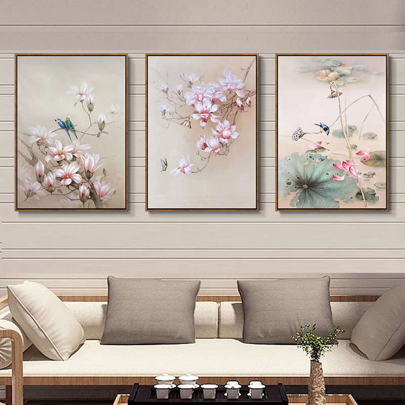 雅客美居新中式客厅双联装饰画玄关卧室餐厅椭圆形画手工花鸟油画图片
