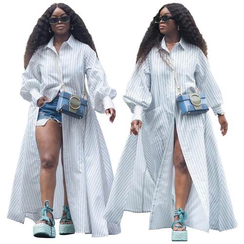 Long Sleeves Loose Buttoned Split-Side Striped Lapel Maxi