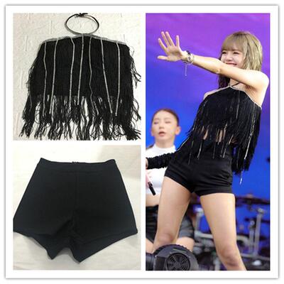 lisa同款演出服黑色流苏吊带闪钻条背心短裤爵士舞蹈服