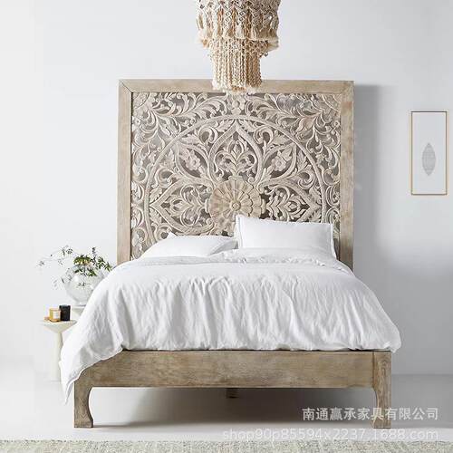美式实木床复古做旧东南亚民俗白色雕花实木镂空床主卧高背大床