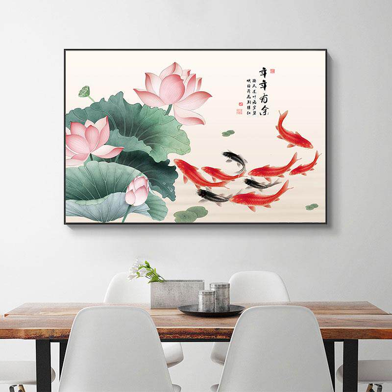 九鱼图餐厅装饰画新中式荷花挂画招财风水画客厅饭厅墙面装饰壁画
