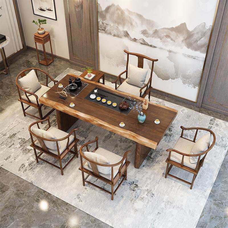 新中式仿古大板茶桌客厅全实木会客泡茶台办公室洽谈茶艺桌椅组合