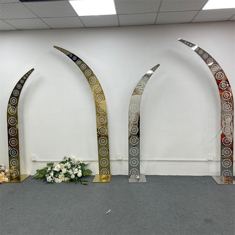 新款婚庆道具金色牛角婚礼舞台布置不锈钢拱门屏风迎宾区摆件背景