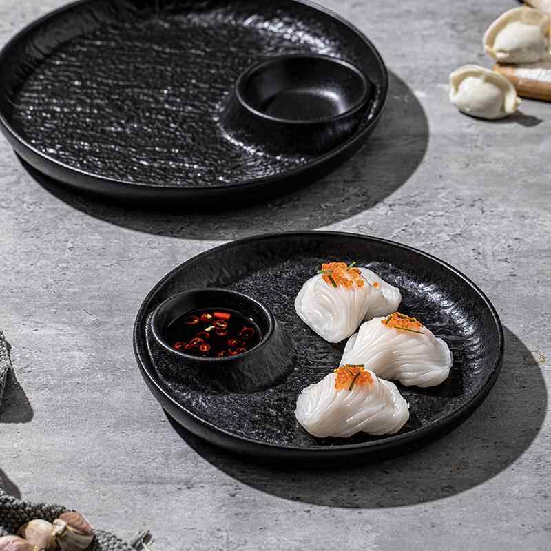 圆形饺子盘带醋碟吃水饺盘饺子蘸料碟子调料分格薯条家用盘韝豈