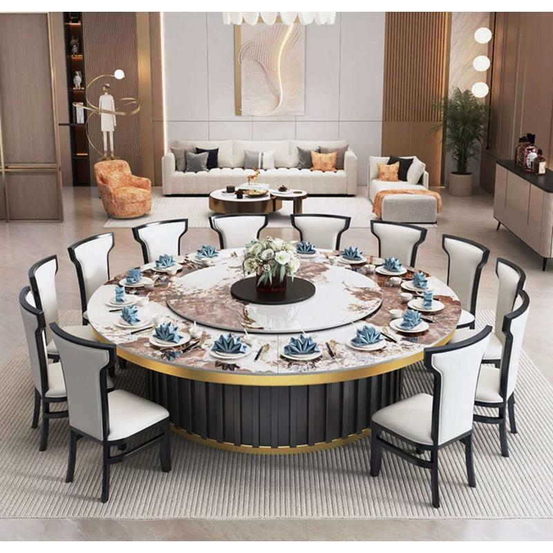 酒店大圆桌电动岩板圆桌全自动家用餐桌商用12人16人高档岩板餐桌