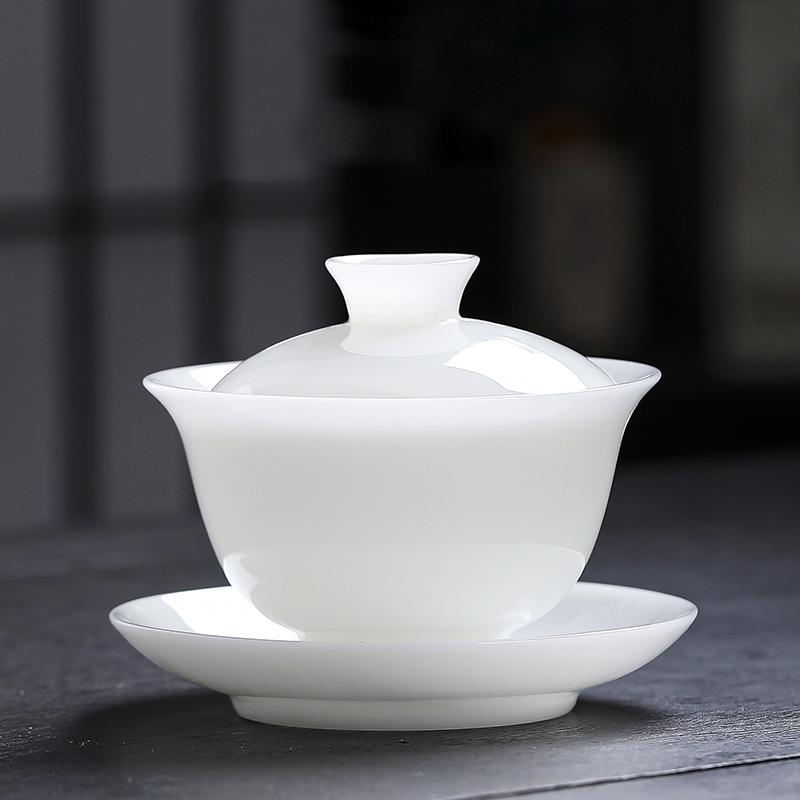 冰种羊脂玉三才盖碗防烫泡茶碗中国白高档家用茶海茶漏组茶道配件
