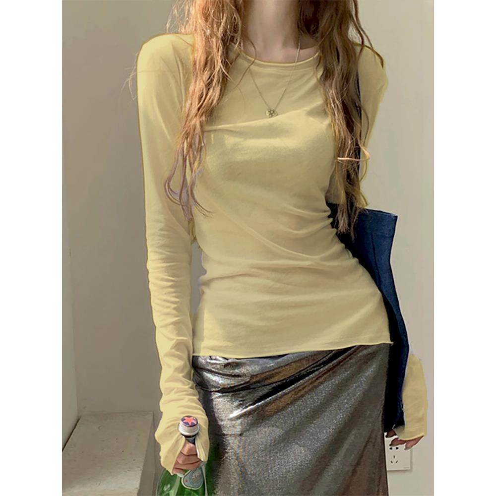 春秋微透卷边打底衫女甜辣修身长袖T恤显瘦内搭上衣0118w,女装/女士精品,T恤,淘宝优惠券,粉丝福利购,淘宝优惠卷