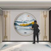 新中式 画 电视背景墙壁纸圆形轻奢8D客厅意境山水沙发影视墙壁画