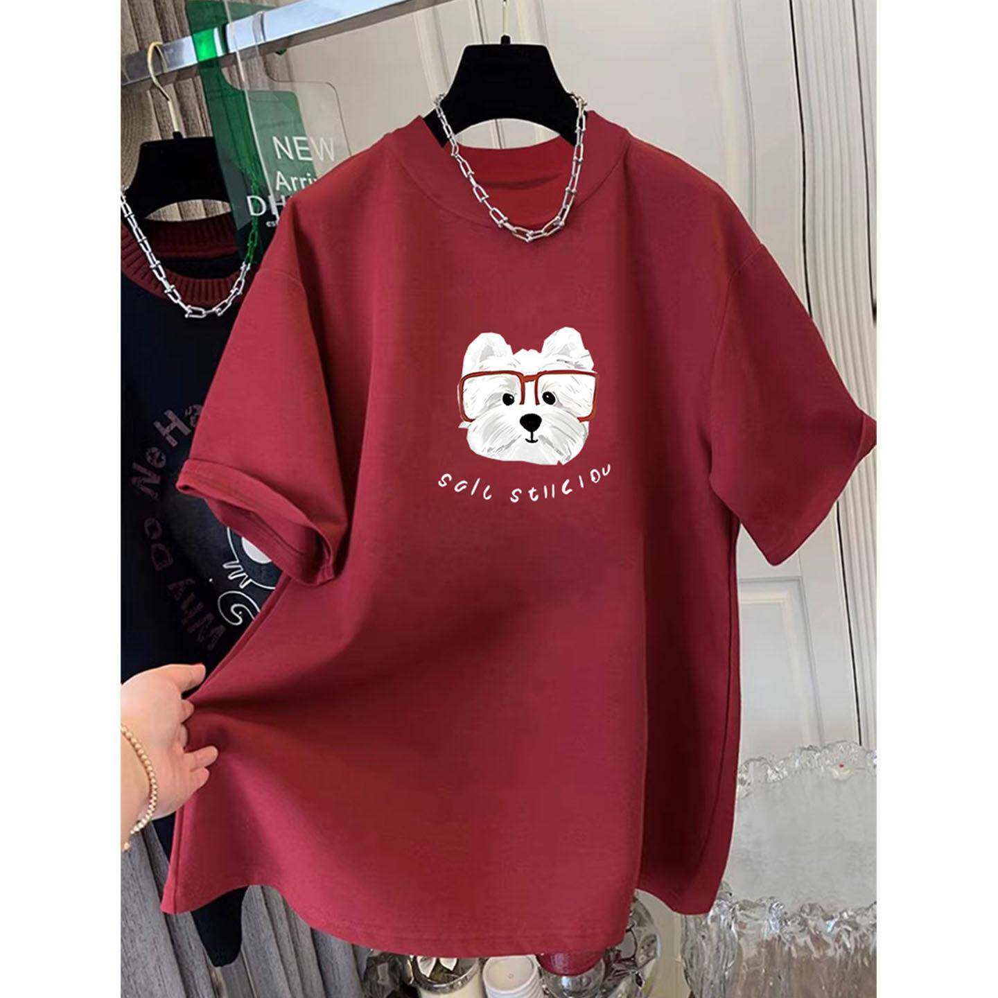 韩国中长款磨毛短袖T恤女洋红色宽松休闲大码加厚打底衫上衣春夏