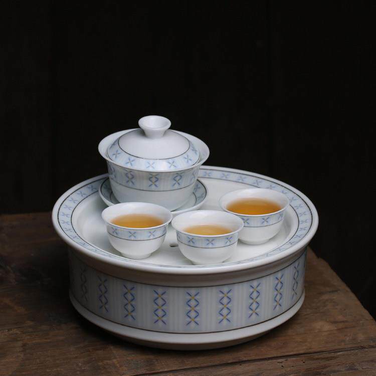 80年代老潮汕枫溪麦穗花工夫陶瓷茶具高温釉下彩覆古套装茶盘盖碗