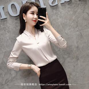 新款 韩版 修身 职业装 上衣工作服衬衣OL工装 女长袖 气质大码 V领衬衫
