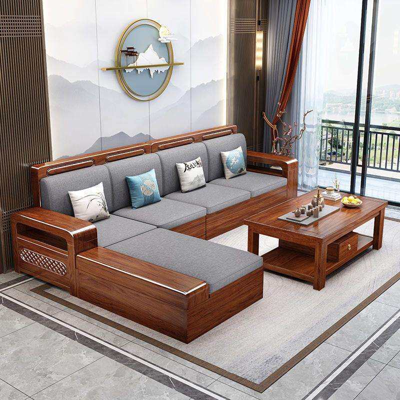 中式实木沙发胡桃木组合客厅大小户型冬夏两用带储物茶几家居家具