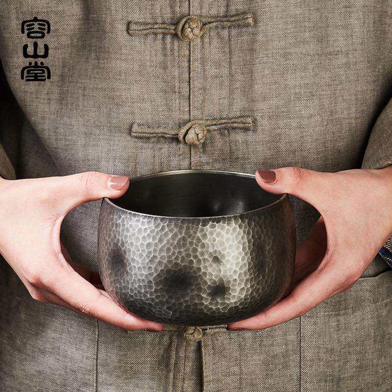 容山堂茗皓纯锡建水锤目纹小号金属茶渣桶水盂笔洗茶水桶茶道配件