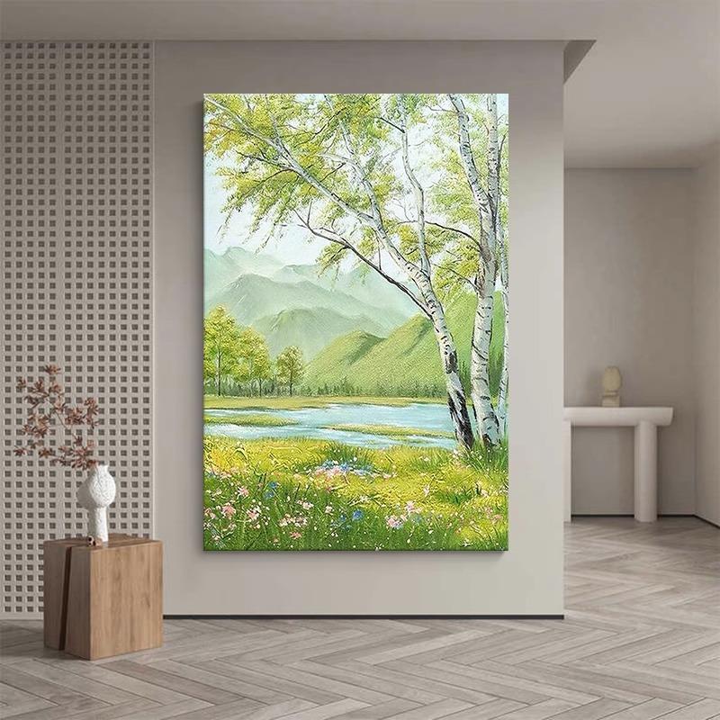 白桦树山水风景客厅装饰画意式纯手绘油画玄关挂画正对门入户壁画