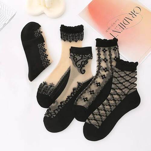 5 Pairs Ladies Medium Crystal SocksSkin Color Bottom Thin