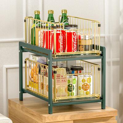 Double layered pull-out storage rack cabinet under kitchen