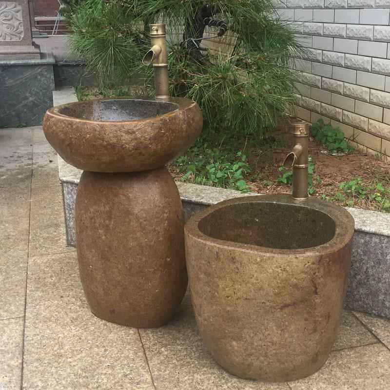 新款直销庭院户外石头洗手盆池台鹅卵石立柱盆大理石水槽院子拖把
