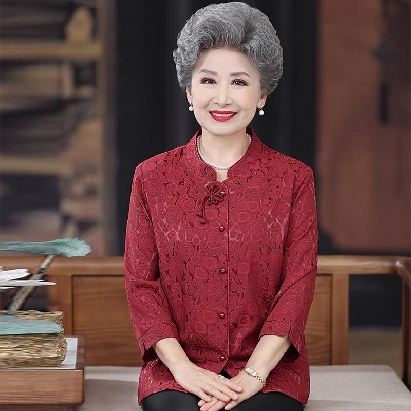 【桑蚕丝100%】喜庆中老年人奶奶夏装衬衫女国风真丝立领上衣套装