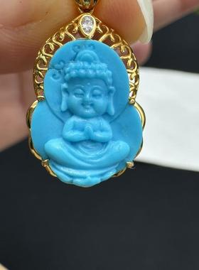 原矿绿松石宝宝佛吊坠18k金镶嵌锁骨链挂件尺寸约28.5×15.8×6.5