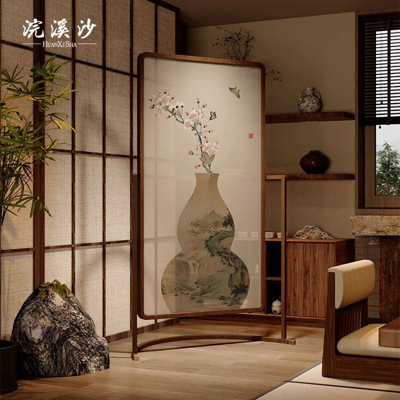 中古实木屏风隔断家用卧室床对门客厅正对入户玄关遮挡葫芦图背景