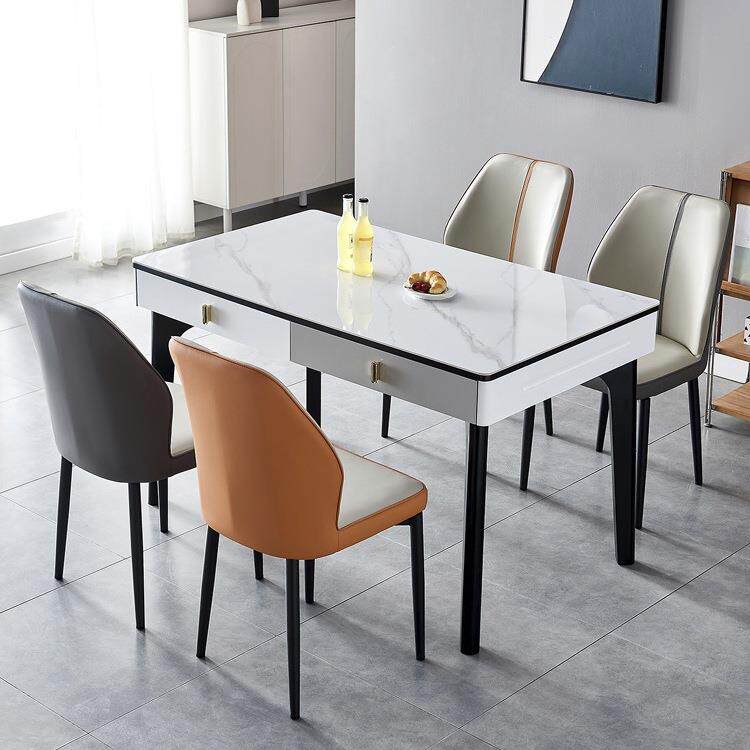 现代简约实木岩板餐桌椅组合带储物抽屉家用长方形玉晶石吃饭桌E&