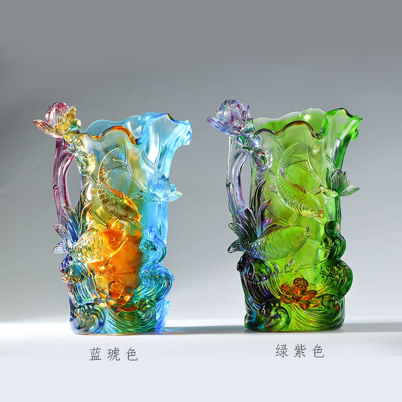 工艺品花瓶荷莲花客厅新居鱼礼品年年有余摆件乔迁插花琉璃
