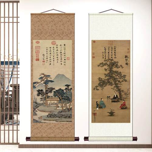 画仿古字画卷轴画ZOL竖版听关琴入户玄书房茶室民宿挂新中式装饰