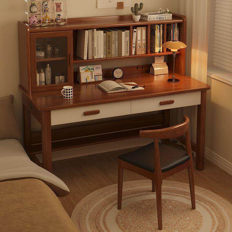 美式实木书桌书架一体简约浓滑动现代学习桌带抽屉储藏家用电脑桌