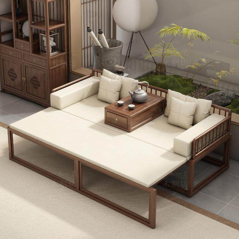 蜡新中式罗汉床沙实木推拉床小户型白约木简现代办AHW公家用两用