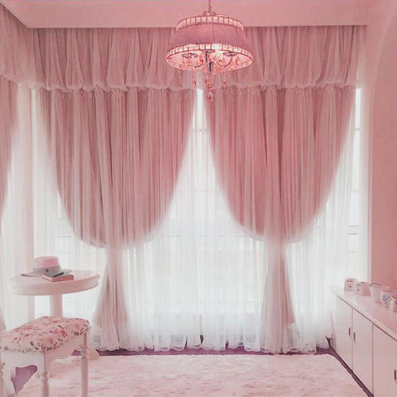 粉色公主风窗帘遮光卧室可爱少女孩子儿童房间双层飘窗网红2024款