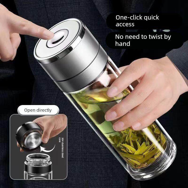 一键开盖玻璃杯配件速开加厚杯身高硼硅双层杯体单卖茶水分离
