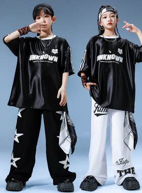 儿童街舞潮服男童黑色亮皮上衣短袖套装少儿hiphop酷帅演出服新款