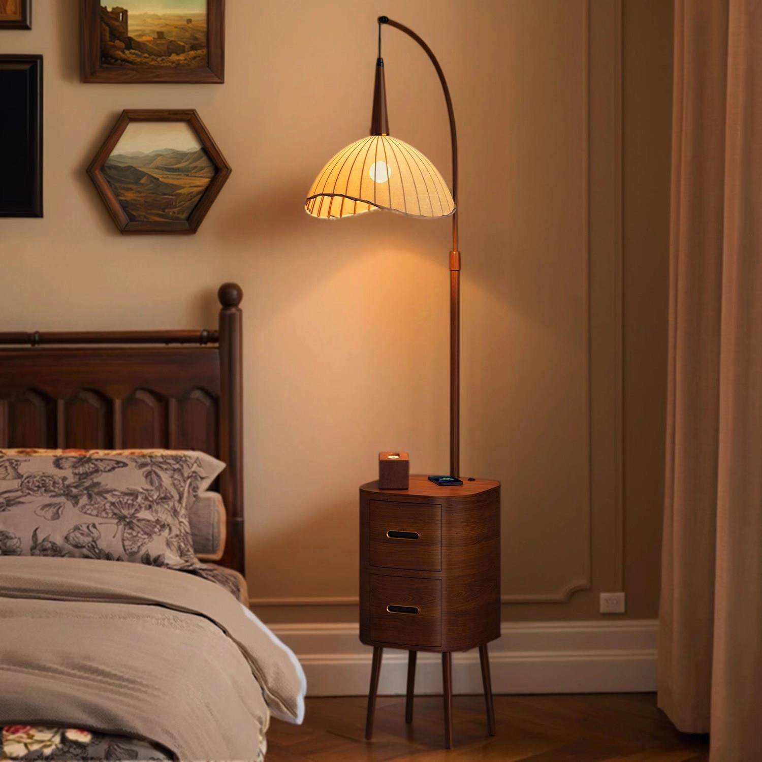 落地灯床头柜台灯一体中古风实木家用卧室小众设计感床边柜置物架,住宅家具,床头柜,淘宝优惠券,粉丝福利购,淘宝优惠卷