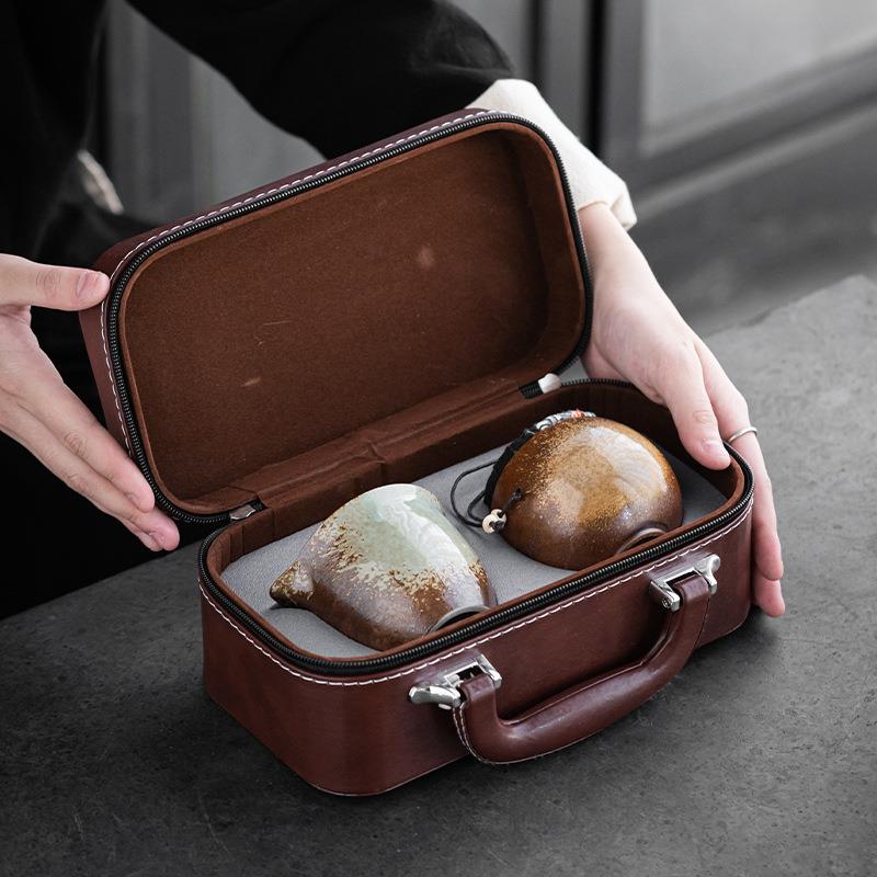 复古仿柴烧窑变旅行茶具套装一壶三杯户外陶瓷便携式快客杯手抓壶