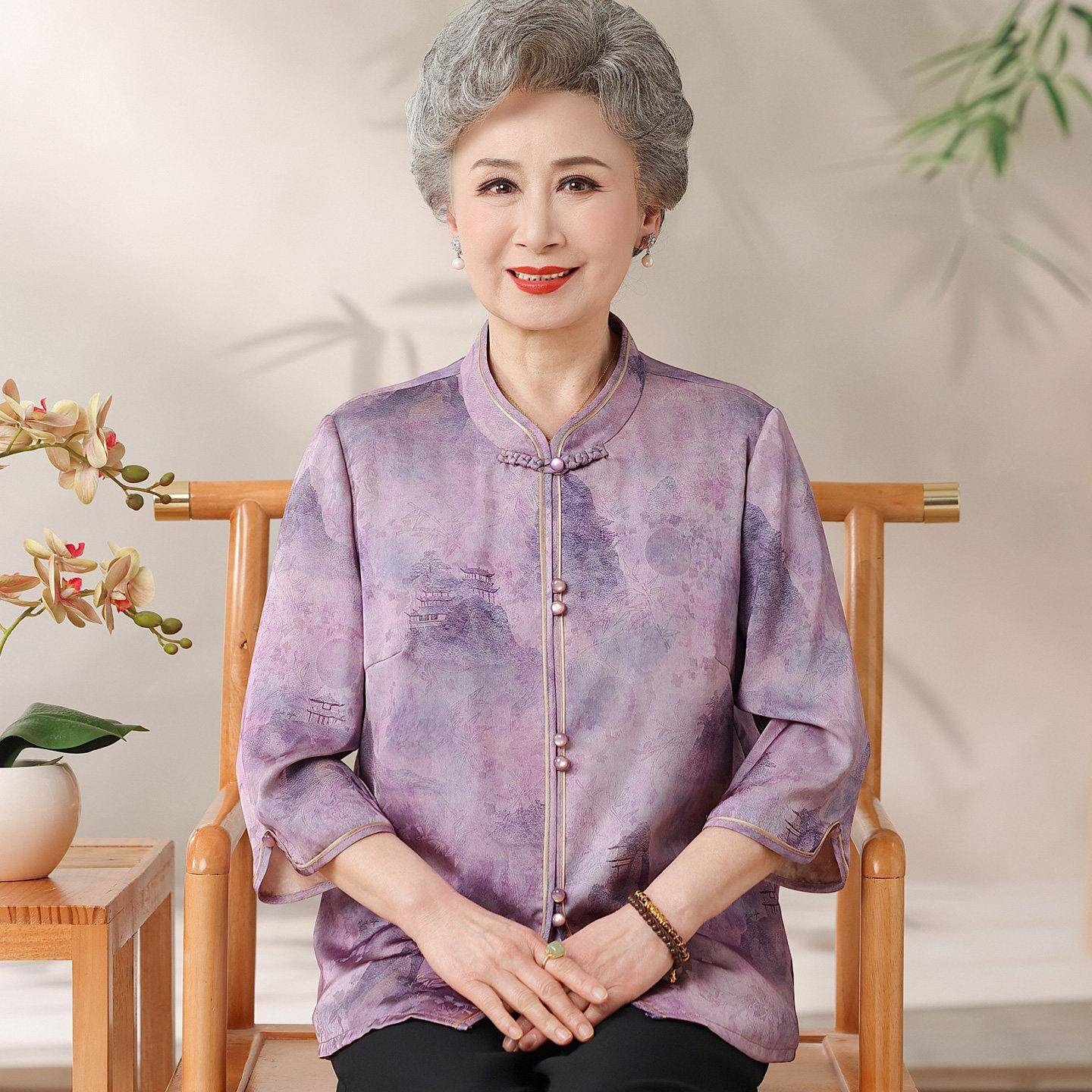 中老年人衬衫女开衫夏装桑蚕丝100%套装国风奶奶真丝旗袍领上衣薄