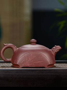 半月壶紫砂壶原矿紫玉金砂刻绘茶具全手工朱泥八骏图茶壶大号