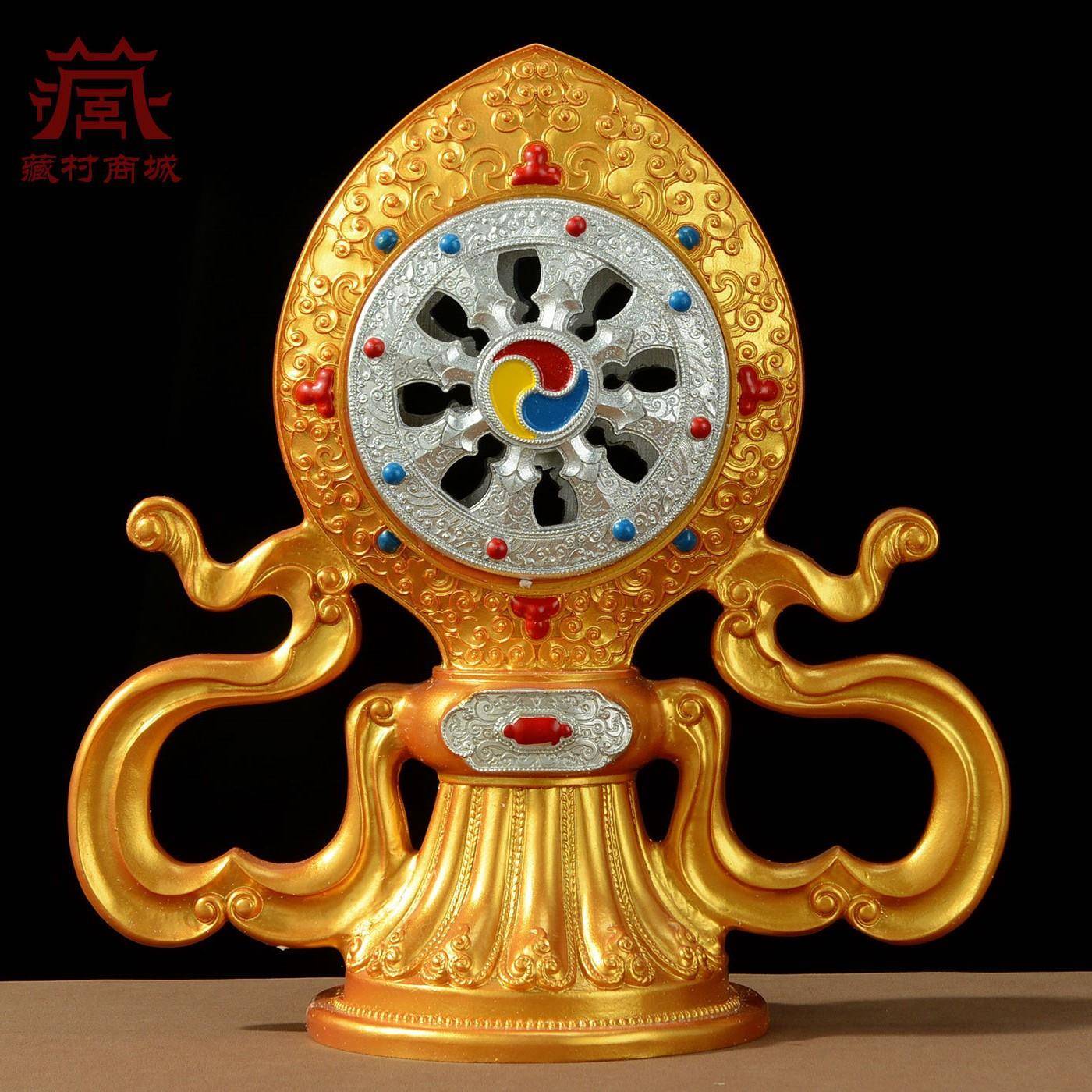 藏村藏式彩绘双鹿法轮摆件 轮王七珍宝摩尼宝轮 家用吉祥供品摆件