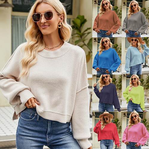 Women'S Crew Neck Cropped Sweater - 2025 Autumn Winter