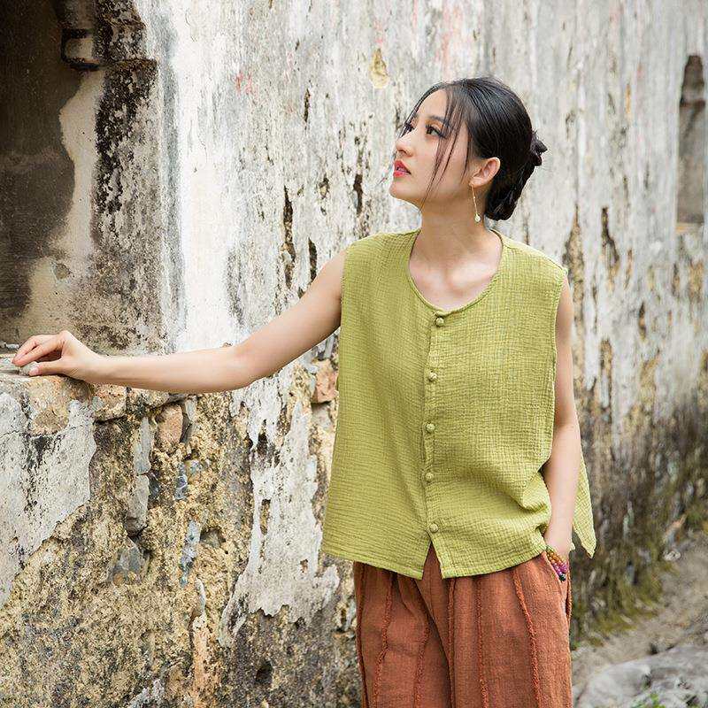 25秋季棉麻女装新款新中式改良马夹文艺复古盘扣开衫女式百搭背心