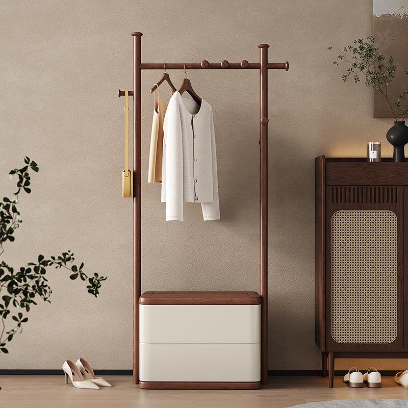 轻奢意式全实木衣帽架简约抽屉可坐白蜡木卧室客厅进门挂衣架落地
