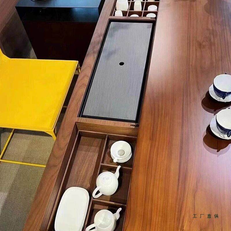 中式阳台茶桌20代25新款黑胡桃木轻奢HMC新现家用推拉感茶桌