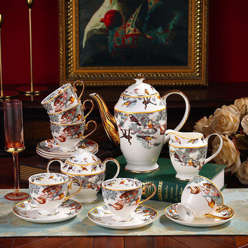 丛林动物骨瓷餐具58头欧式西餐盘套装家用陶瓷碗勺平盘汤锅送礼品