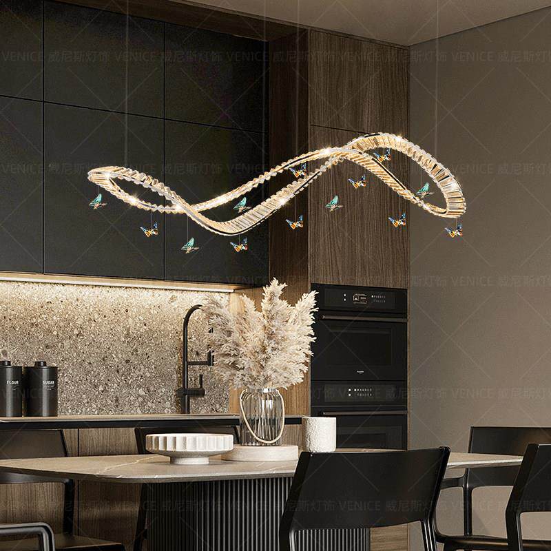 现代轻奢水晶餐厅岛台吊灯高端别墅设计师长条餐桌饭厅飘带吧台灯