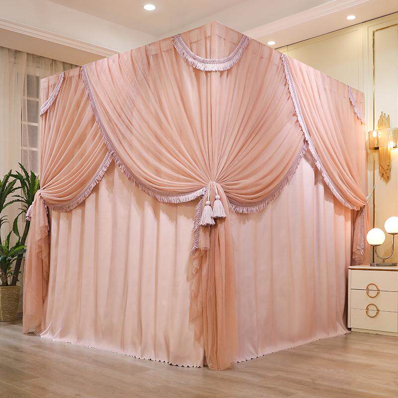 家用卧室蚊帐遮光防尘顶布一体式双层床幔落地三开门防蚊宫廷加粗