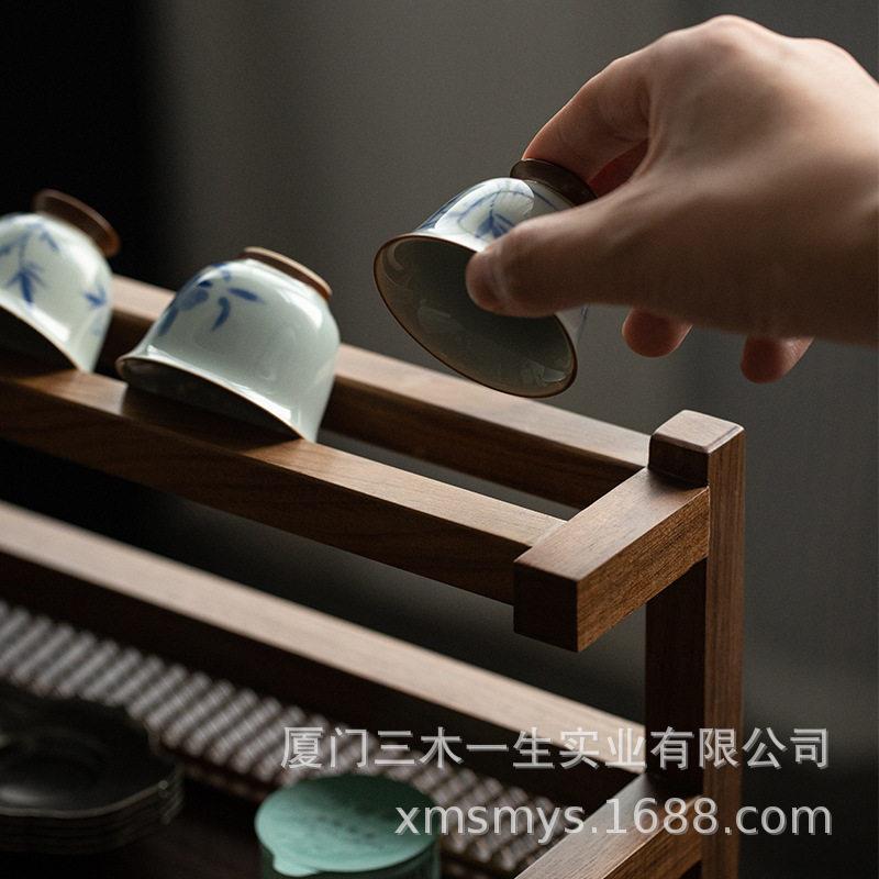包邮黑胡桃茶室茶杯架家用客厅茶杯收纳架新中式复古杯子置物架