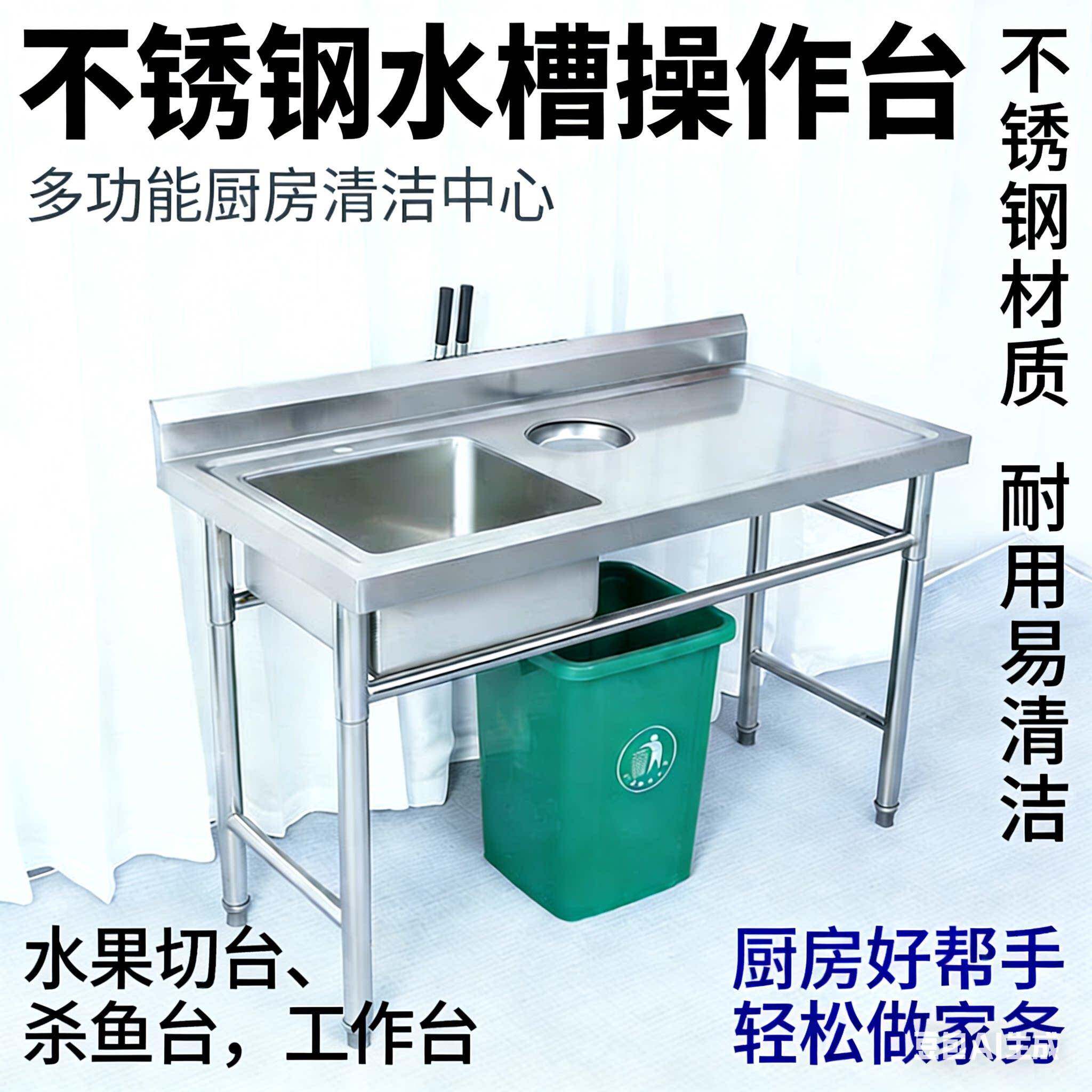 不锈钢厨房工作台洗菜池水果切台杀鱼台带垃圾口收残台水槽操作台