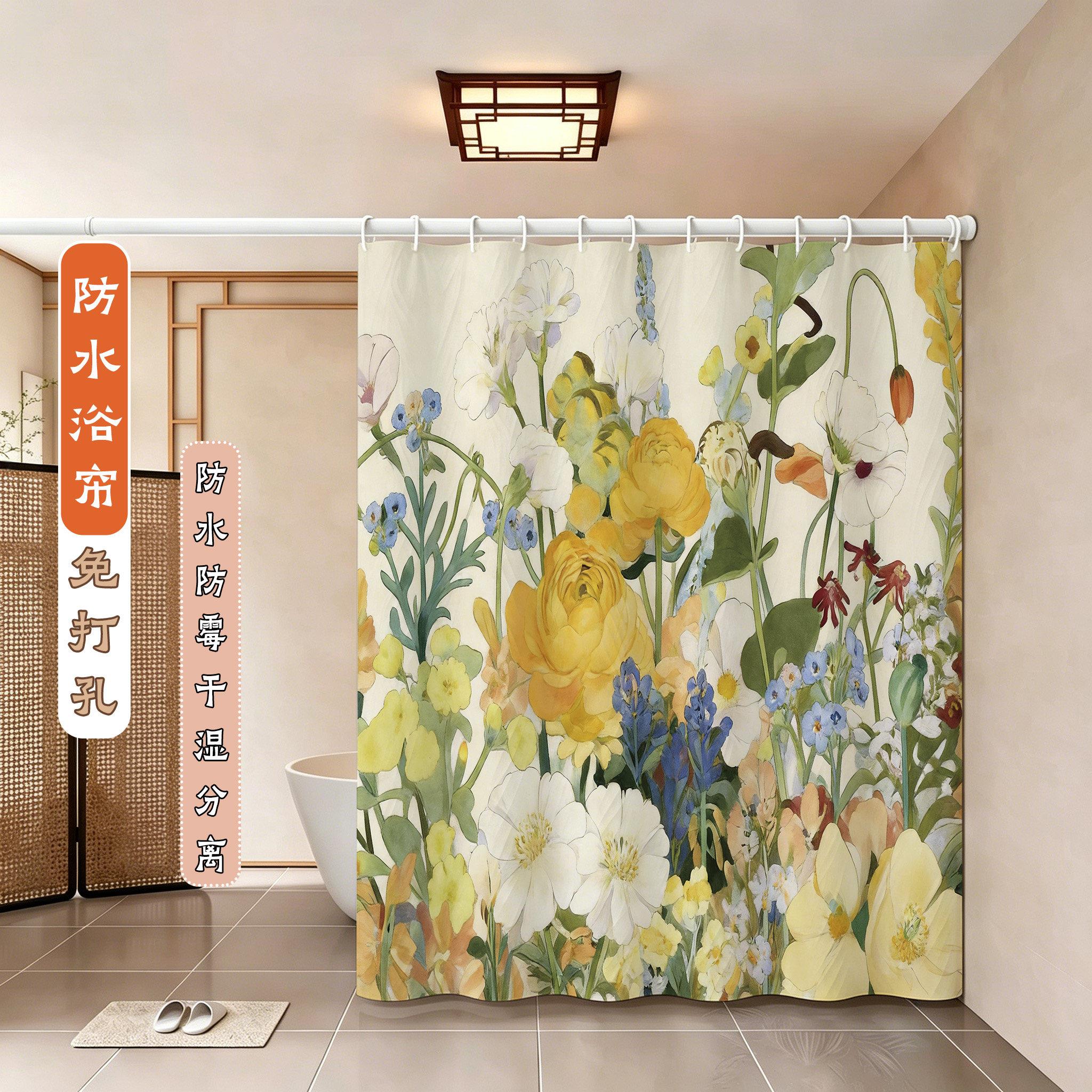 复古花卉加厚防泼水浴帘套装免打孔防水布浴室定制洗澡挡水隔断帘