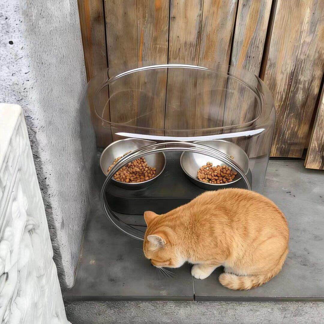 下大雨也不怕!流浪猫喂食碗防雨罩防潮防蚁虫户外喂食器透明猫窝