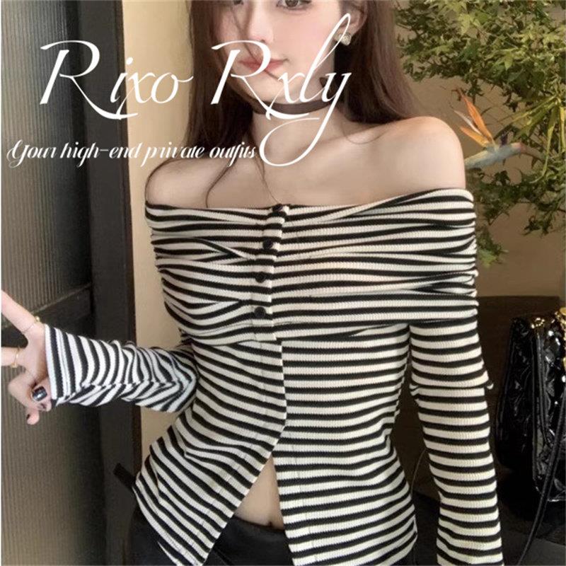 RIXO RXLY黑白条纹一字肩长袖T恤女春秋季小众设计感修身打底上衣