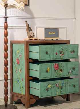 7屉绿野仙绘踪客厅彩三斗EHO柜美式边柜做旧绿色抽柜床头柜卧室储